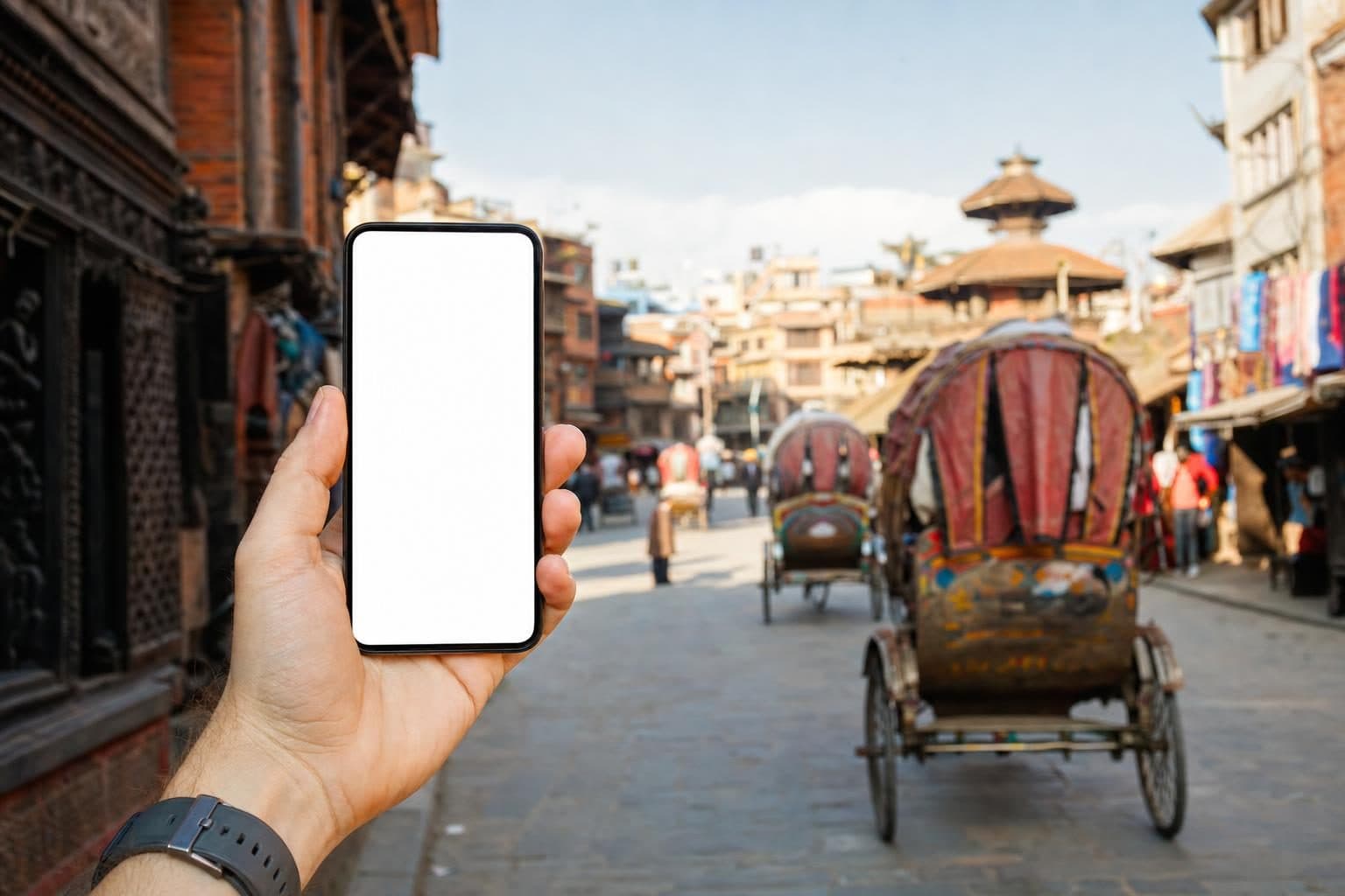A hand holding a phone with a blank screen on a busy Kathmandu street with cycle rickshaws behind